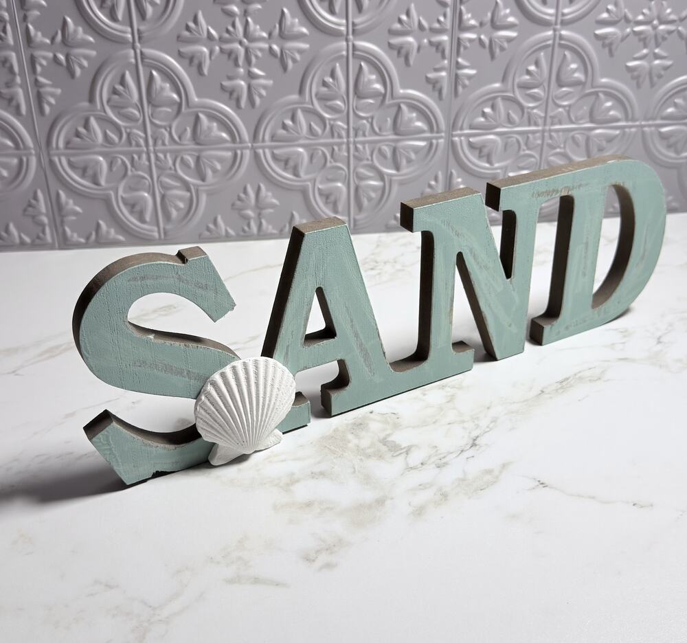 Rustic Wood SAND Sign Beach House Wall Decor Distressed Seafoam Blue Cutout